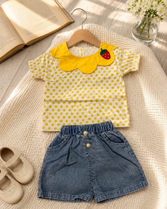 Girls Strawberry Collar Polka Dot Top with Denim Shorts