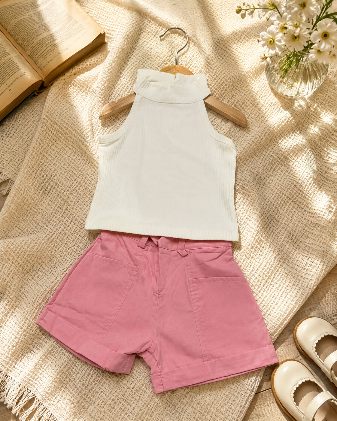 Girls White Ribbed Top with Pink Shorts & Belt Bag Set