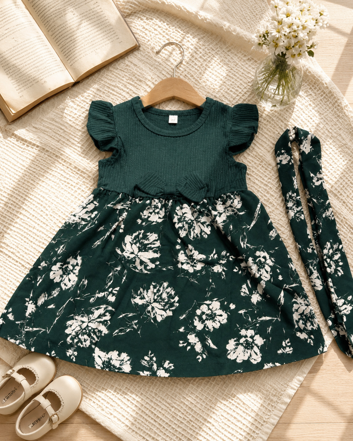 Girls Forest Green Floral Ribbed Frock with Headband
