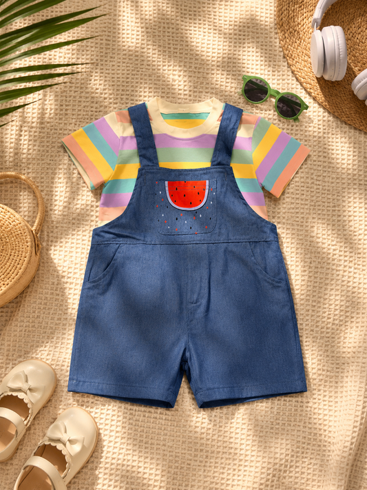 Boys Rainbow Shirt & Blue Melon Dungaree Set