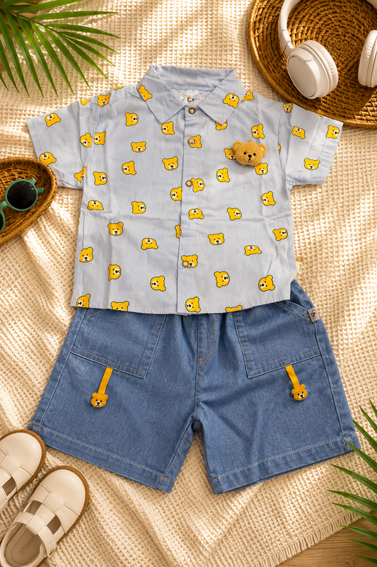 Boys Baby Blue Teddy Shirt & Matching Denim Shorts Set