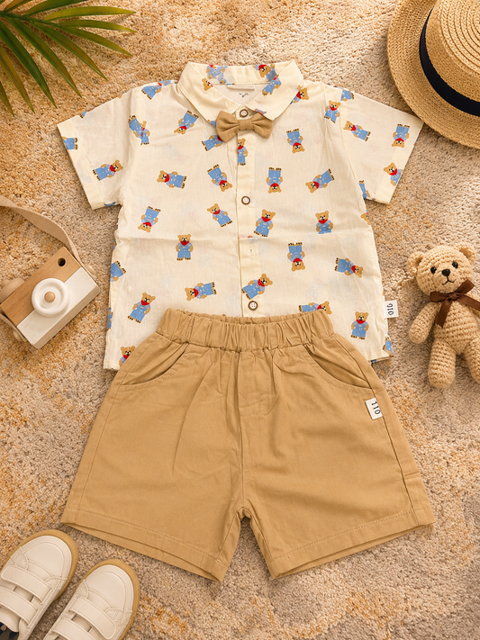 Boys White Bow Teddy Print Shirt & Khaki Shorts Set