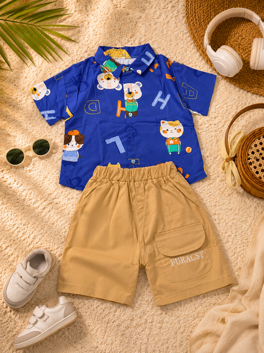 Boys Blue Teddy Shirt & Khaki Shorts Set