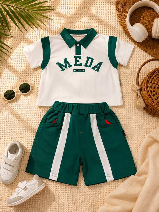 Boys White Green Print Polo & Green Stripe Trouser Set