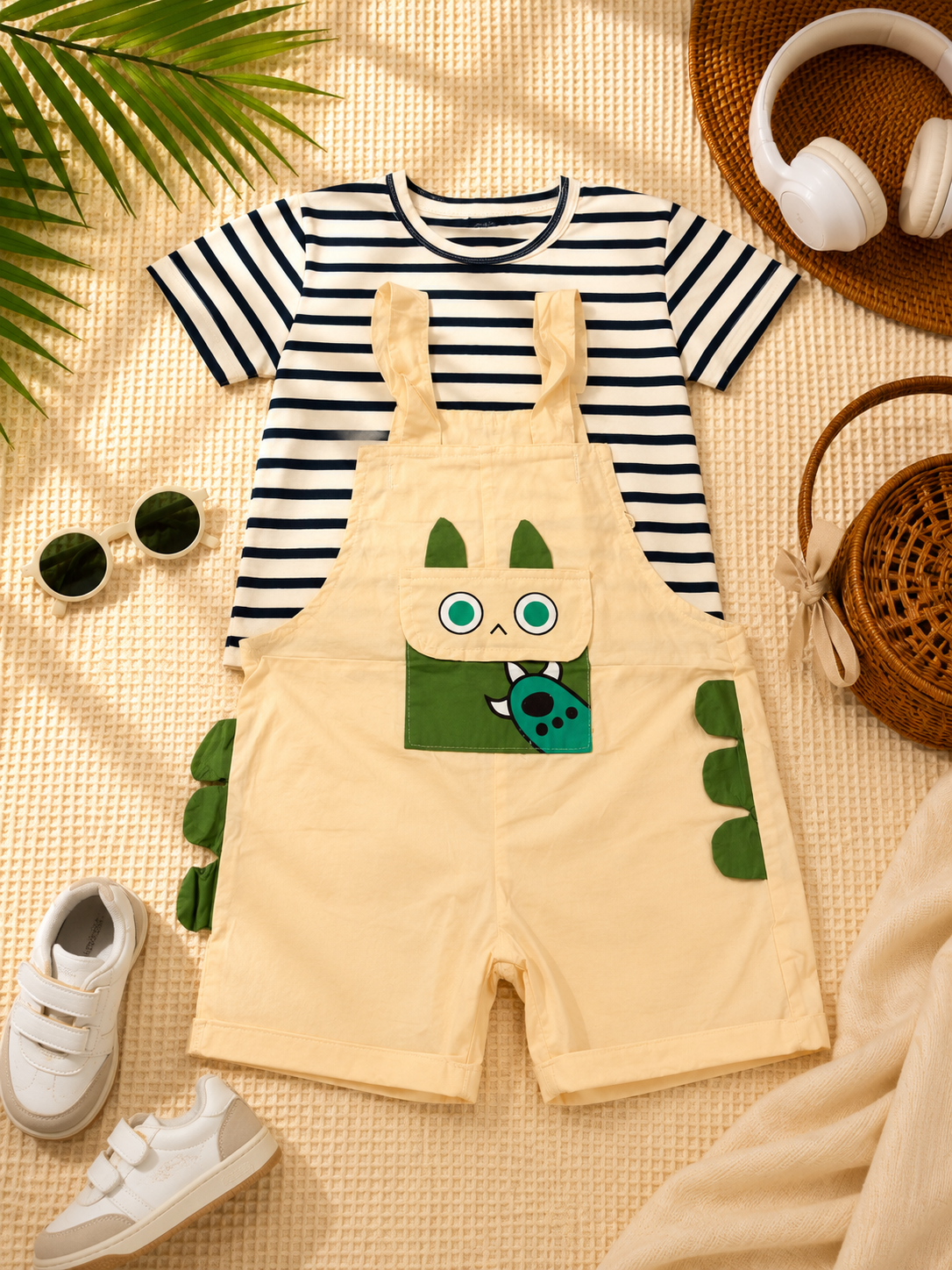 Boys Stripe White Shirt & Khaki Paw Cat Dungaree Set
