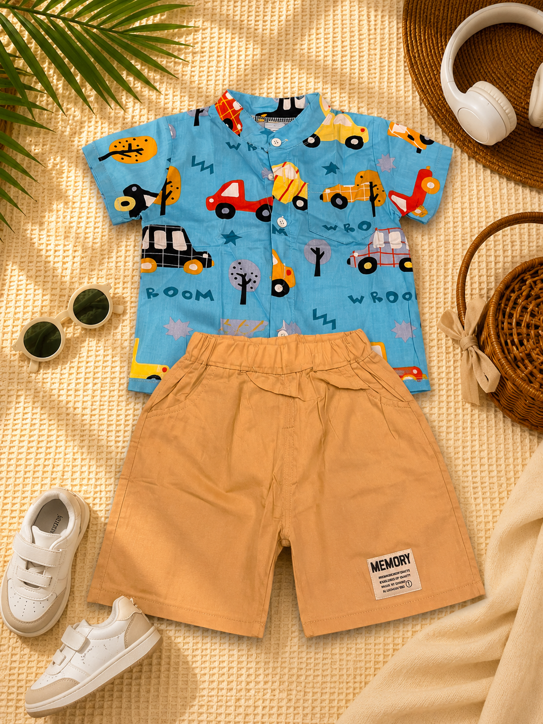 Boys Car Print Shirt & Khaki Shorts Set