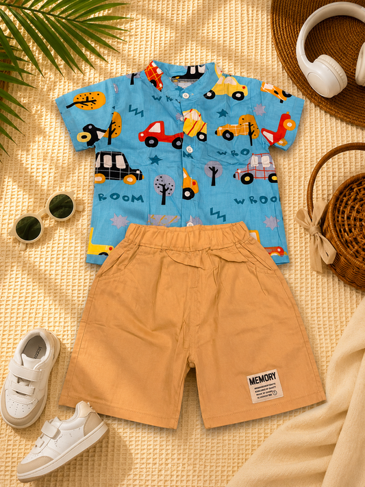 Boys Car Print Shirt & Khaki Shorts Set