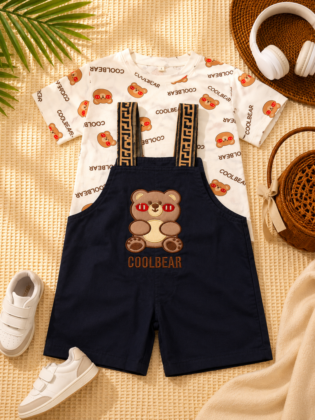 Boys White Teddy Shirt & Black Embossed Dungaree Set