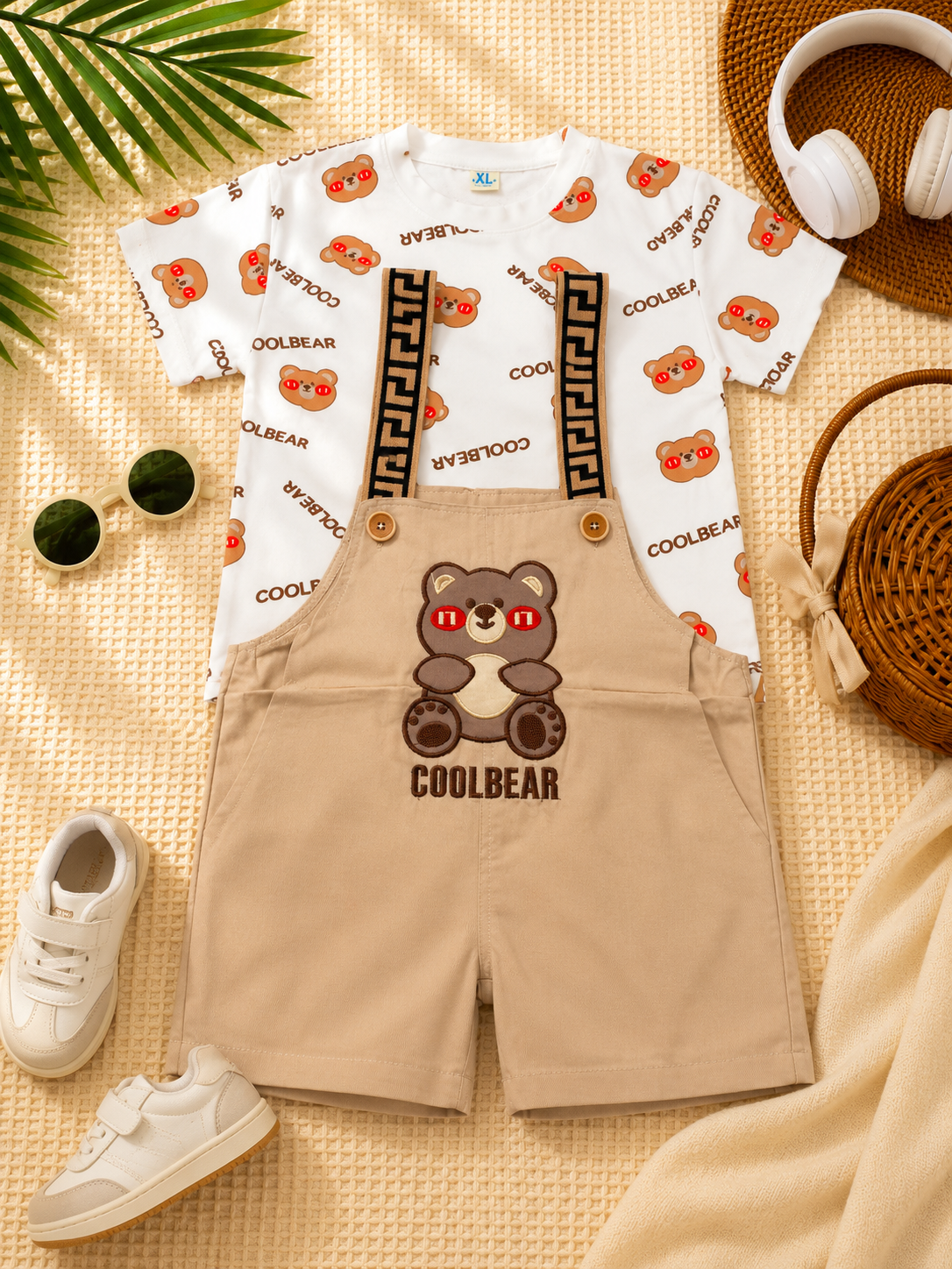 Boys White Teddy Shirt & Khaki Embossed Dungaree Set