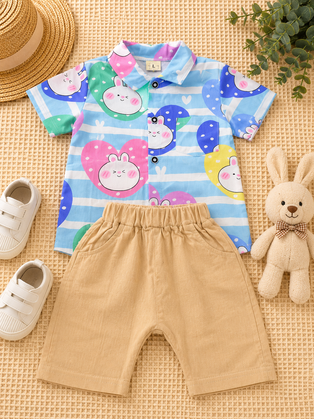 Boys Playful Heart Teddy Shirt & Khaki Shorts Set