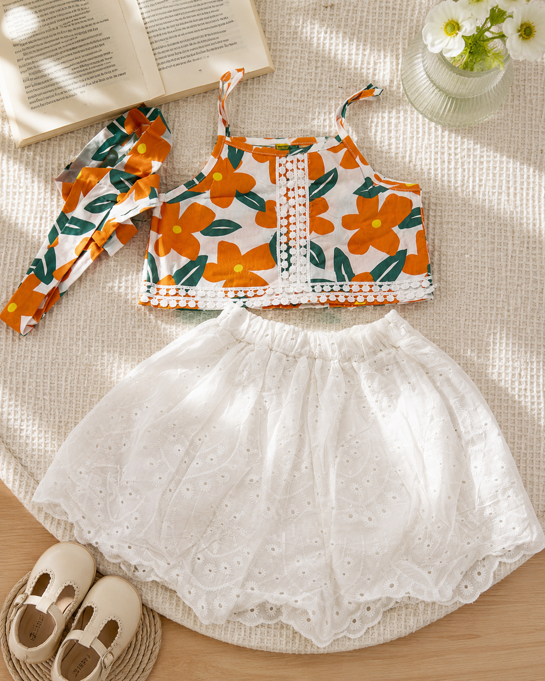 Girls Boutique Floral Top & White Eyelet Skirt Set