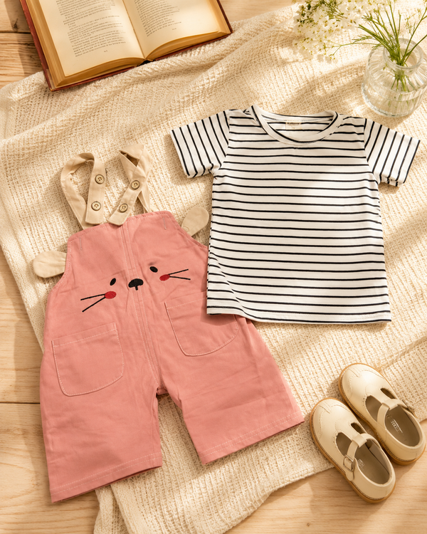 Girls Cute Bunny Dungaree & Stripe T-Shirt Set