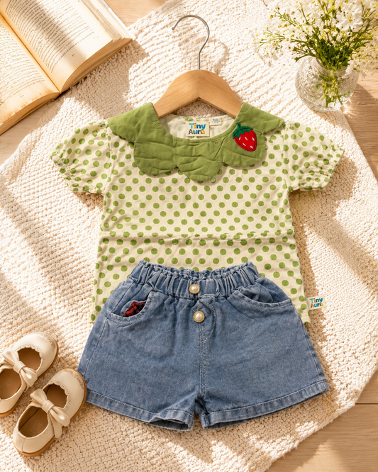 Girls Green Polka Dot Top & Denim Shorts Set
