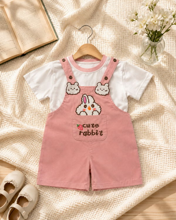Girls Bunny Pink Dungaree & White T-Shirt Set