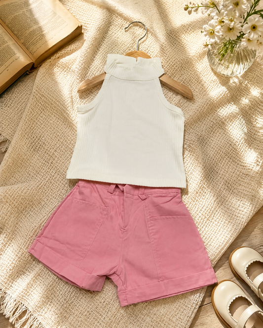 Girls White Ribbed Top with Pink Shorts & Belt Bag Set