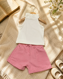 Girls White Ribbed Top with Pink Shorts & Belt Bag Set