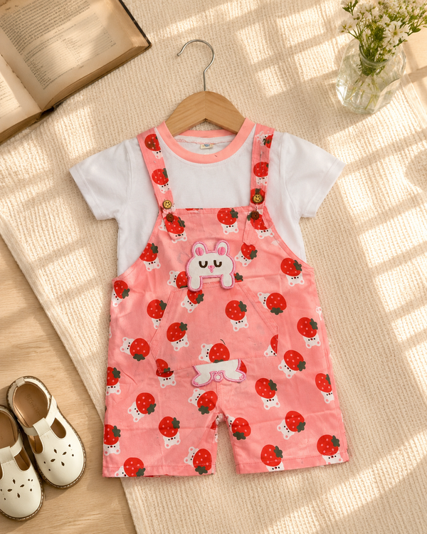 Girls Strawberry Print Pink Dungaree & White T-Shirt Set