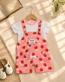 Girls Strawberry Print Pink Dungaree & White T-Shirt Set