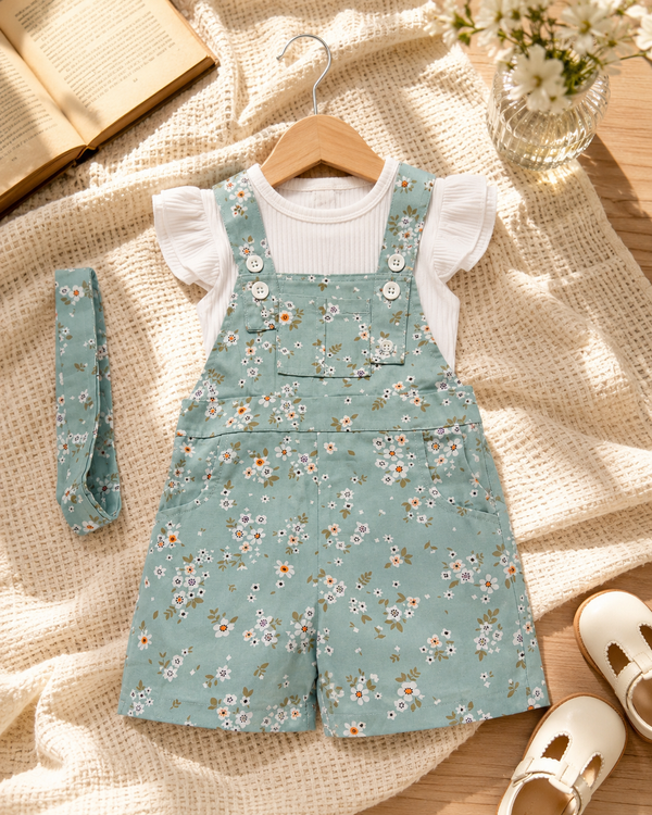 Girls Mint Floral Dungaree with White Ribbed Top & Matching Headband Set