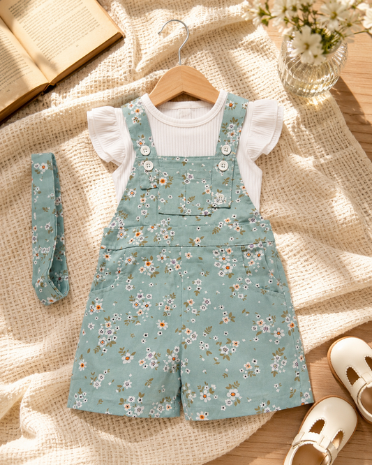 Girls Mint Floral Dungaree with White Ribbed Top & Matching Headband Set