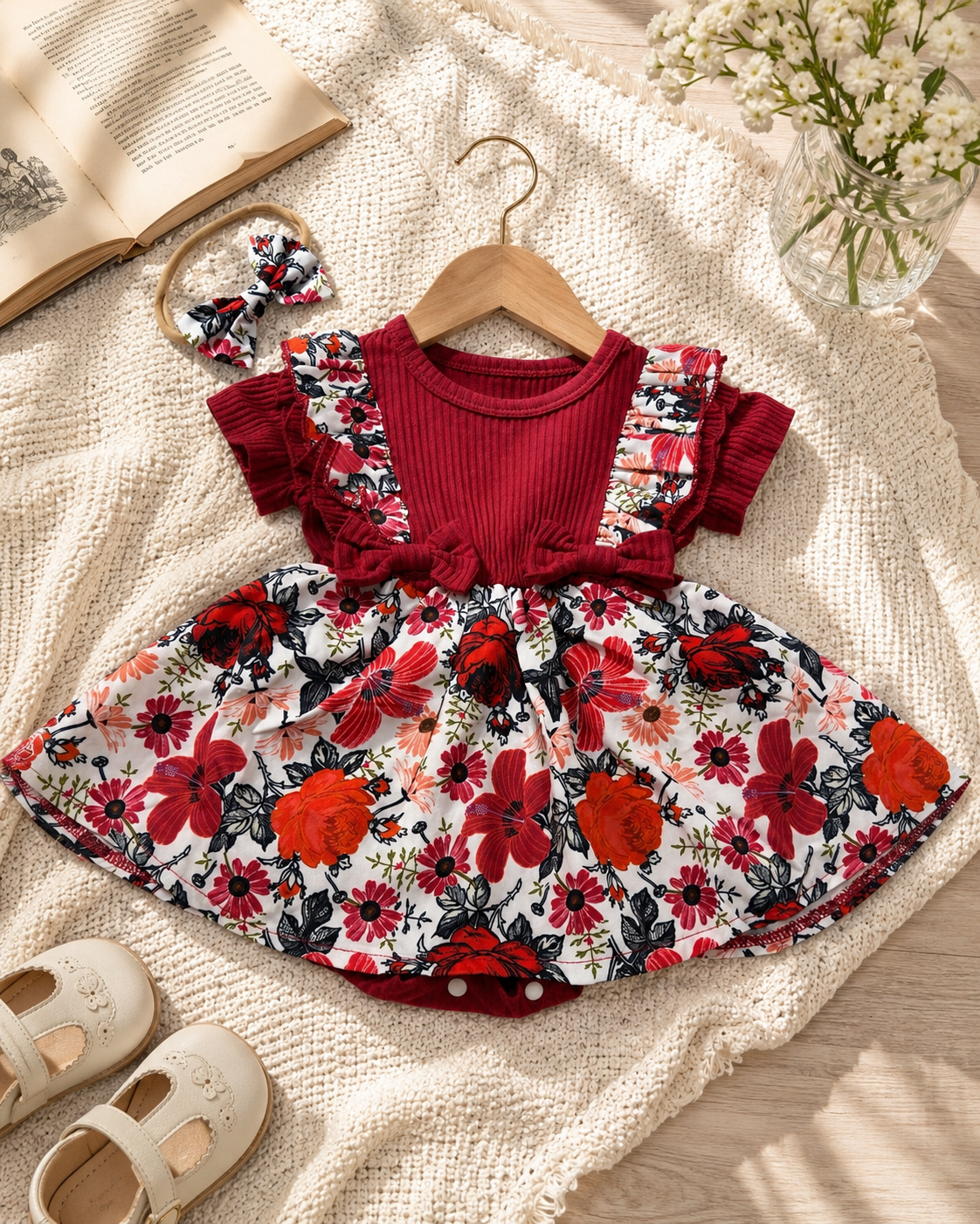 Baby Girls Burgundy Floral Romper with Matching Headband