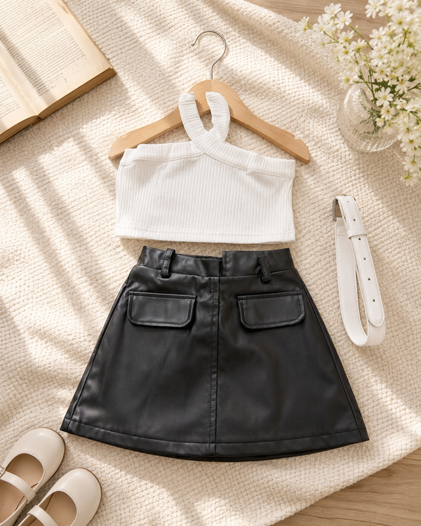 Girls White Ribbed Top with Black Leather Skirt & Belt Set