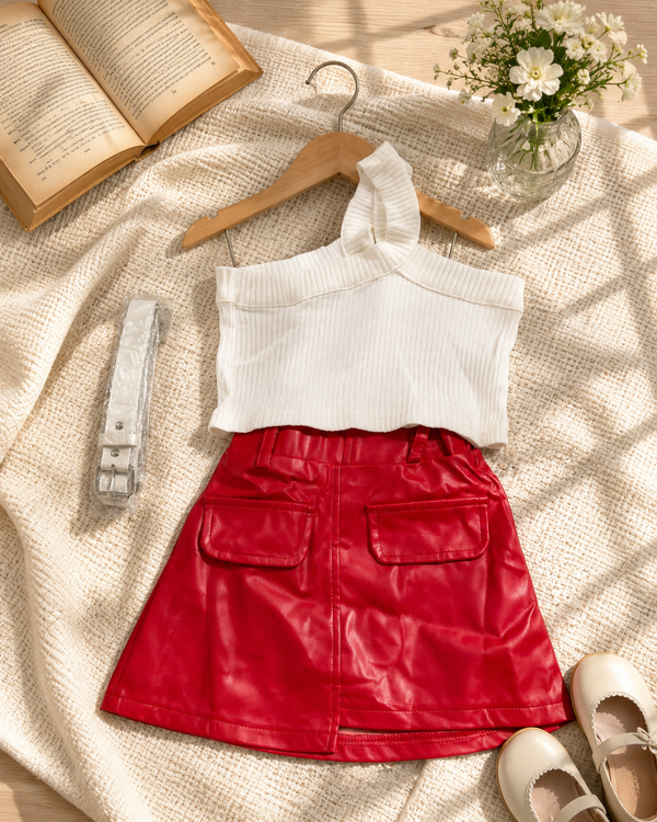 Girls White Ribbed Top with Red Leather Skirt & Belt Set