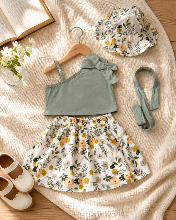 Girls Sage Floral Crop Top & Skirt Set with Cap & Headset
