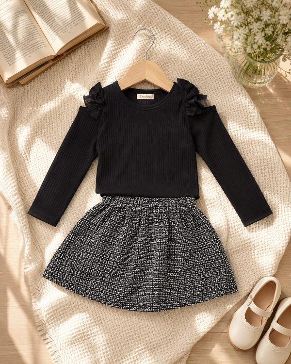 Girls Black Ribbed Top with Tweed Skirt & Belt Bag Set