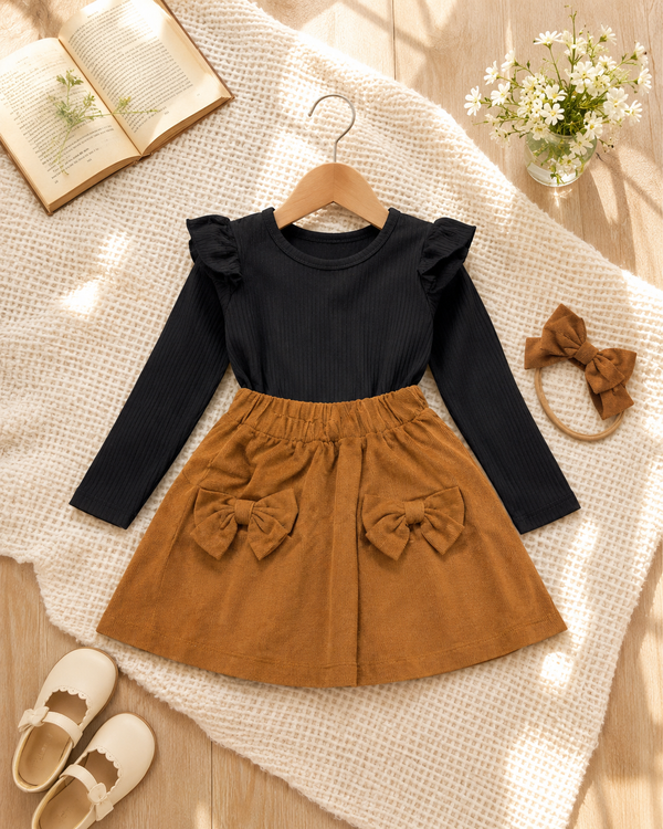 Girls Black Ribbed Top with Brown Bow Skirt & Headband Set