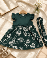 Girls Forest Green Floral Ribbed Frock with Headband