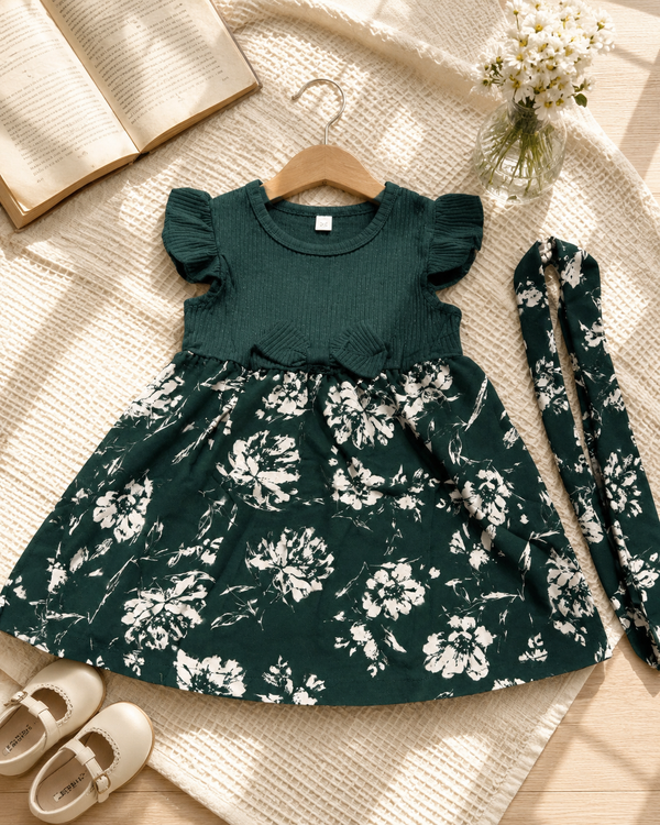 Girls Forest Green Floral Ribbed Frock with Headband