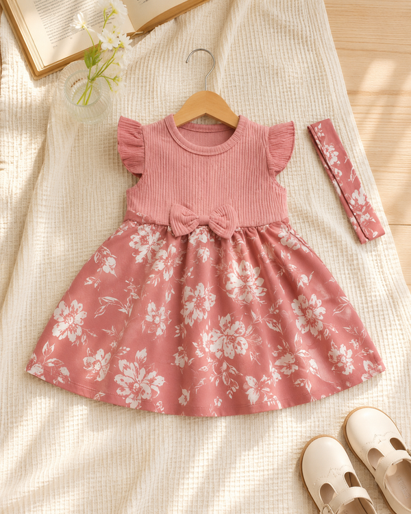 Baby Girls Dusty Rose Floral Ribbed Frock with Matching Headband