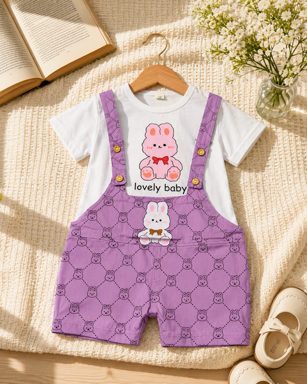 Girls Bunny Print Pink Dungaree with White T-Shirt