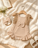 Baby Girls Foam Ribbed Romper with Lace Sleeves & Matching Headband