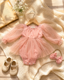 Baby Girls Pink Tulle Romper with Matching Bow Headband