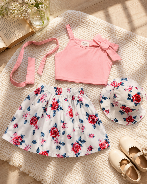 Girls Rose Floral Crop Top & Skirt Set with Cap & Headset