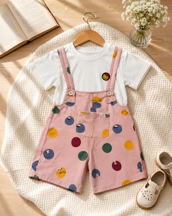 Girls Pink Printed Dungaree with White T-Shirt