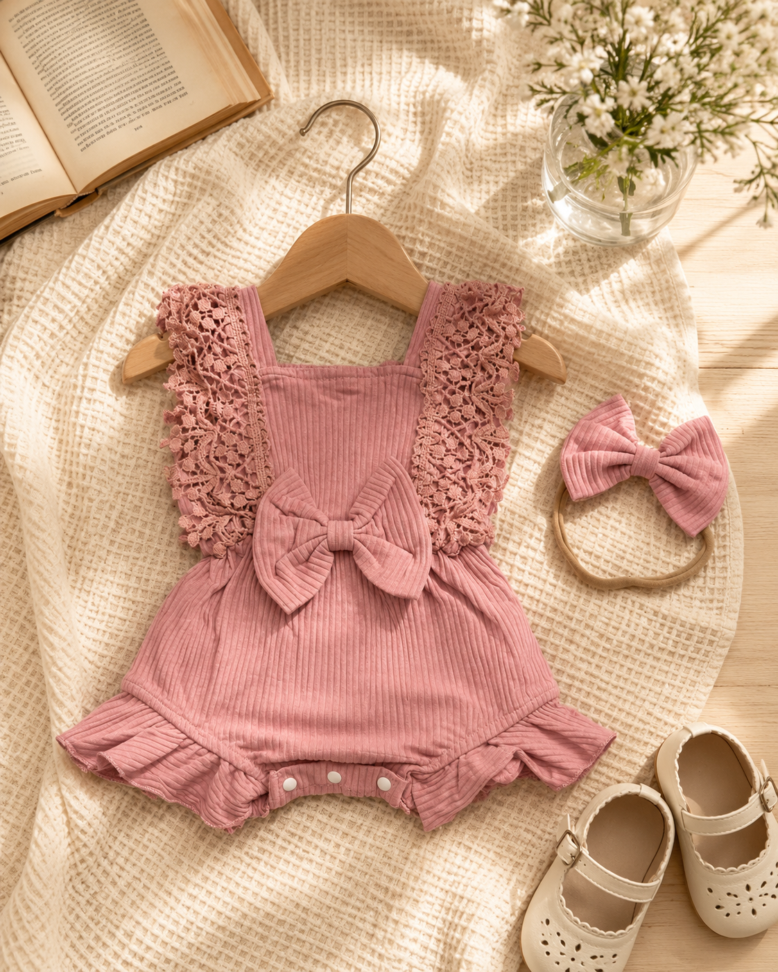 Baby Girls Dusty Pink Ribbed Romper with Lace Sleeves & Matching Headband