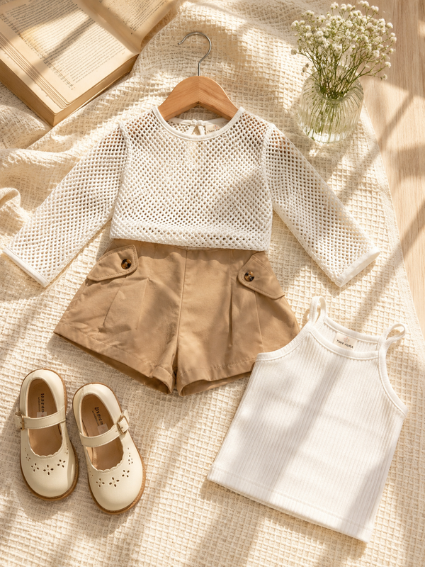 Girls Beige Skirt Set with White Mesh Top & Inner Top