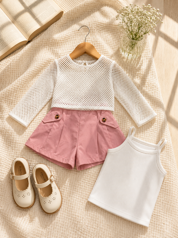 Girls Pink Skirt Set with White Mesh Top & Inner Top