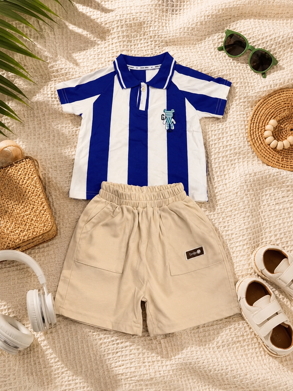 Boys White Blue Stripe Polo & Shorts Set