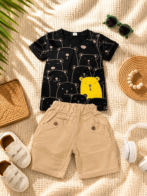 Boys Black All-Over Teddy Print Shirt & Shorts Set
