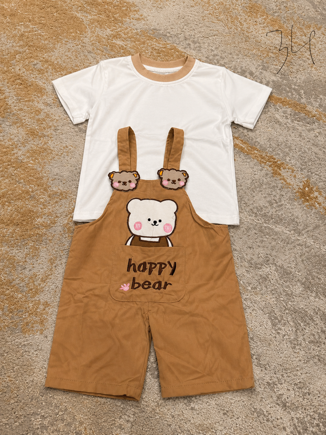 Boys White Shirt & Brown Teddy Embossed Dungaree Set