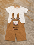 Boys White Shirt & Brown Teddy Embossed Dungaree Set