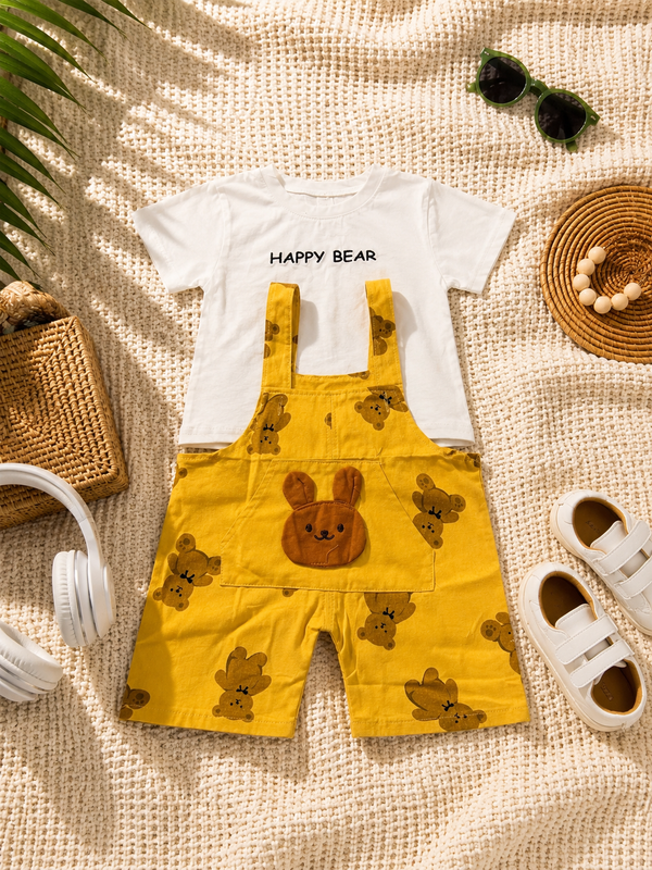 Boys White Happy Bear Shirt & Yellow Teddy Dungaree Set