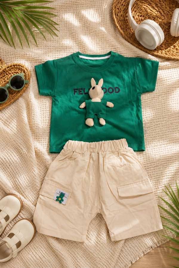 Boys Green Teddy Shirt & Khaki Shorts Set