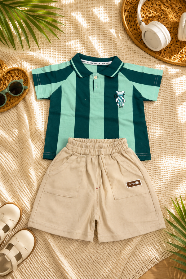 Boys Green Stripe Polo & Matching Shorts Set