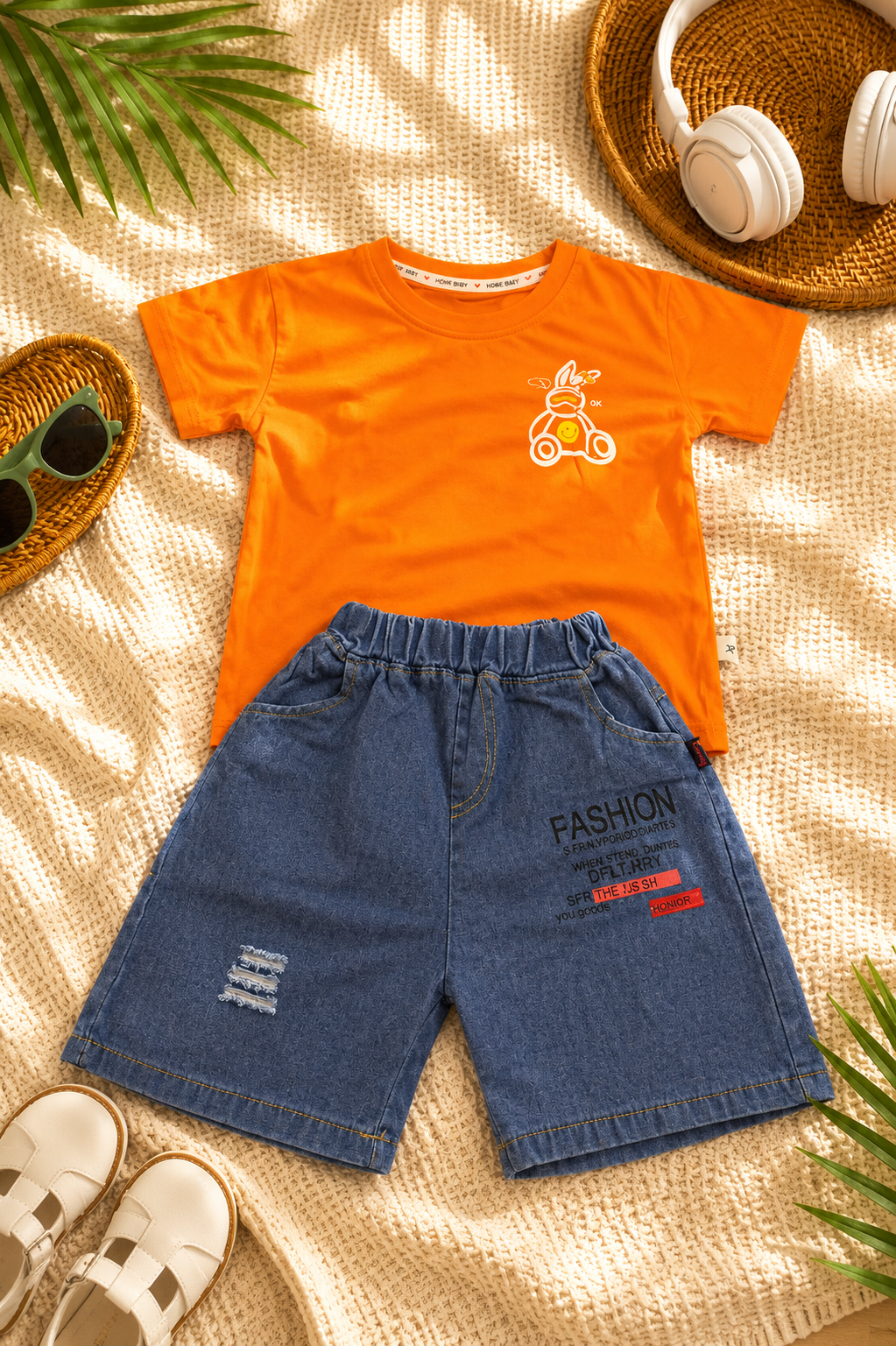Boys Orange Shirt & Denim Shorts Set