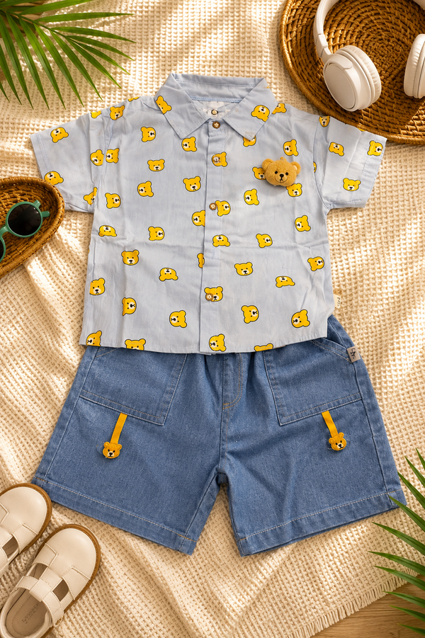 Boys Baby Blue Teddy Shirt & Matching Denim Shorts Set